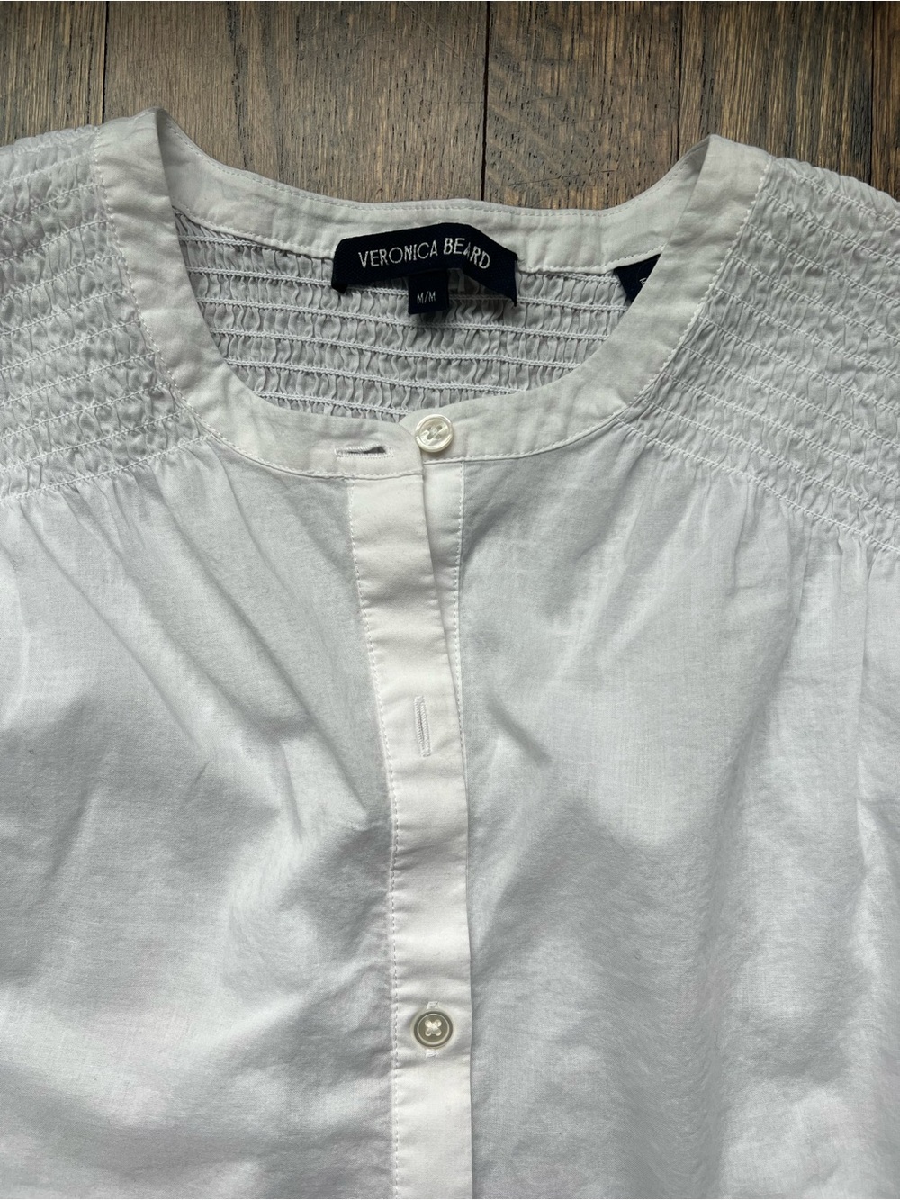 Veronica Beard White Smocked Yoke Button-Down Top
